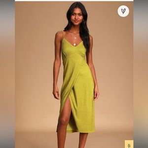 Lulu’s Chartreuse Tie-Back Faux-Wrap Midi Dress